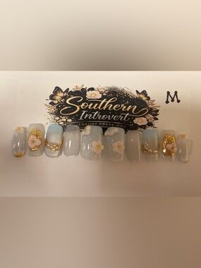 Southern Introvert Luxury Press-On Nails - Pale Blue with 3D Floral Accents